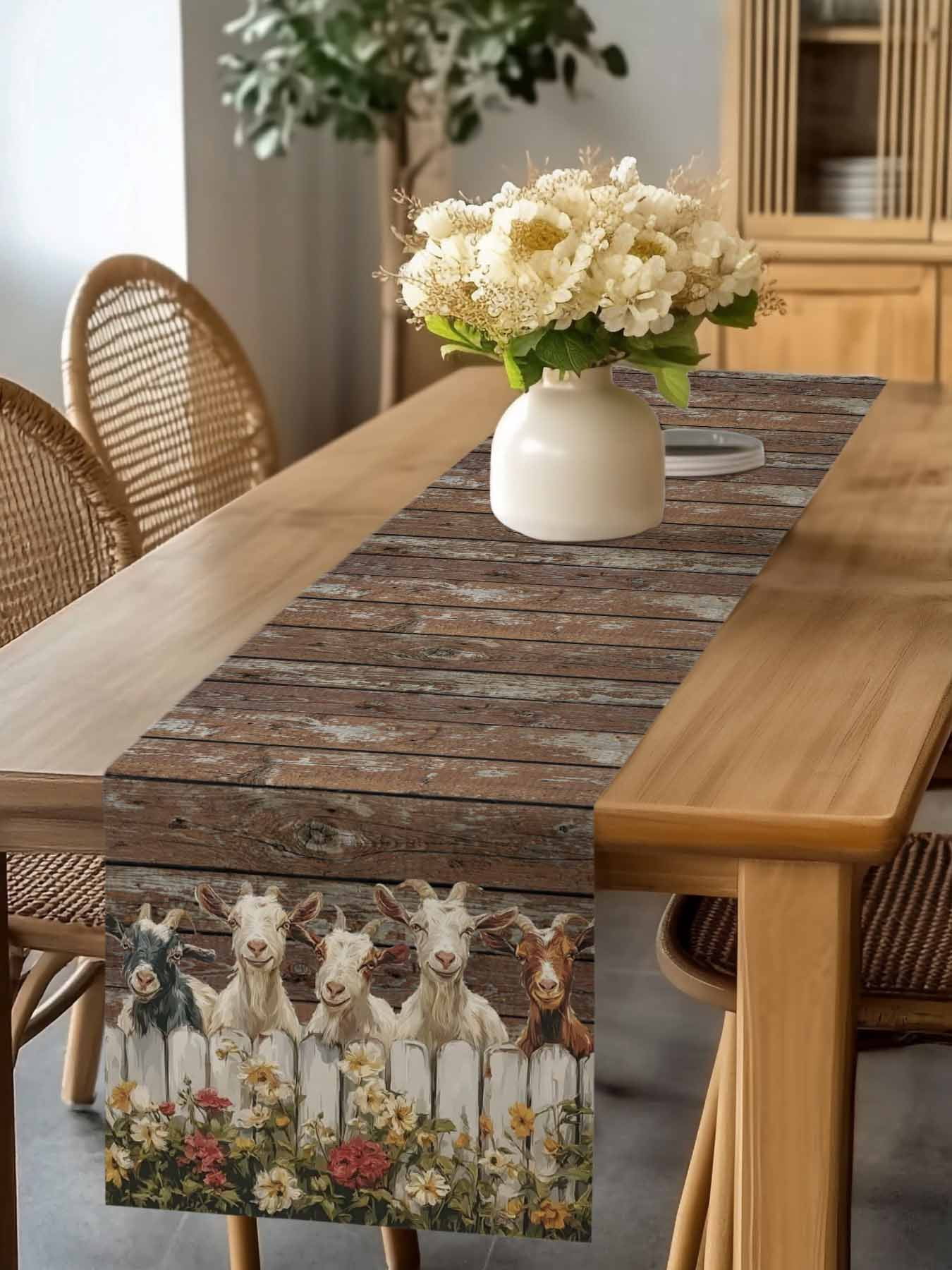 Goats Table Runner, Retro Farmhouse Fence Floral Wood Grain Washable Cotton-linen Table Runners Dining Kitchen Decoration for Everyday Home Wedding Party Decor, 13 x 108 Inch