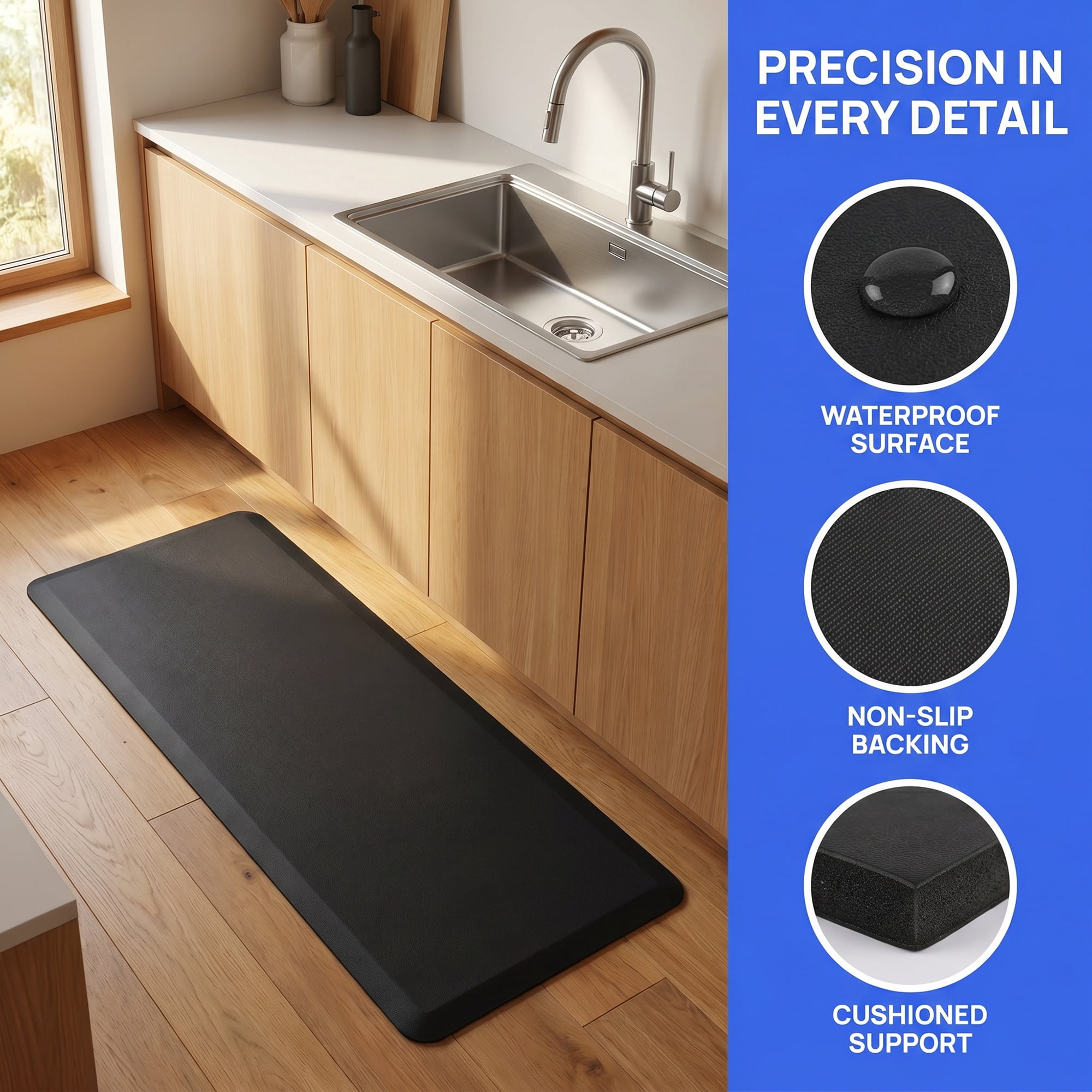 Unique Bargains Anti-Fatigue Cushioned Ergonomic Waterproof PVC Floor Rug Black 47" x 17"