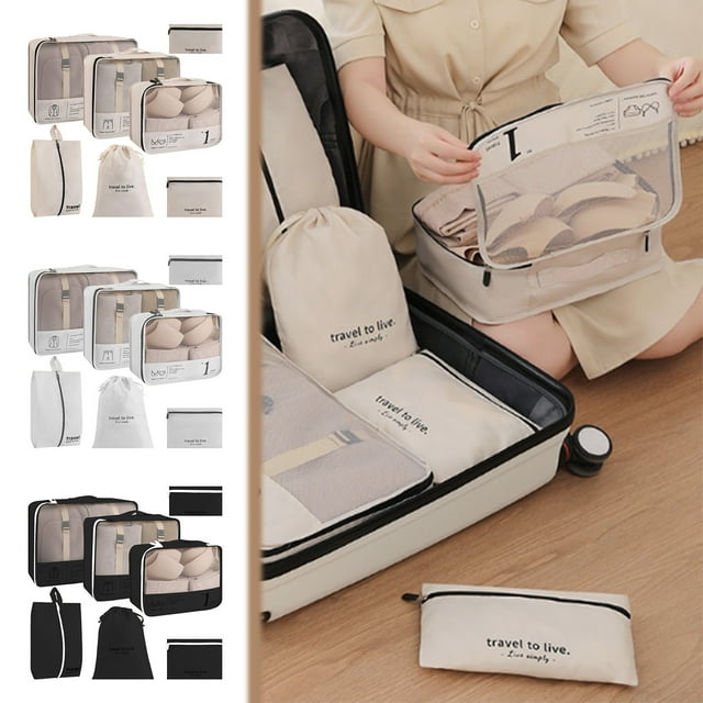 Kit de bolsas organizadoras de viaje - Bolsas de compresión de 7 para ropa y zapatos, organizadores de maleta de poliéster de 32x24x3cm, beige y blanco