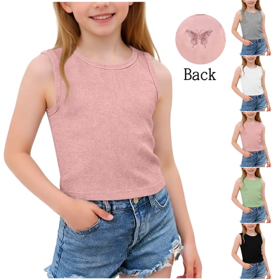 SGFCWSX Girls Ribbed Tank Tops Butterfly Embroidery Youth Crew Neck Casual Sleeveless Top Pink Size 7-8 Years