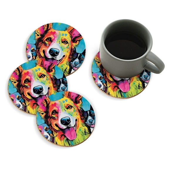 Coasters for Drinks Bar Beer,Set of 4 ,Round Wooden Housewarming Gift,Three Happy Dogs In Colorful Background