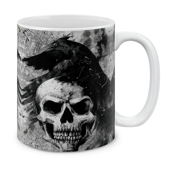 WIRESTER 11 Oz Ceramic Tea Cup Coffee Mug, Gray Skull Raven