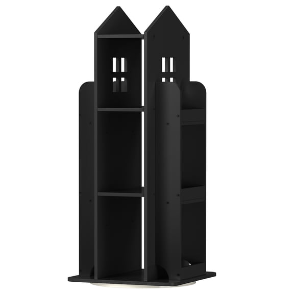 360° Rotating Kids Bookshelf, Black Engineered Wood House-Shaped Bookcase, 38in Tall Storage Organizer for Bedroom, Playroom, Living Room