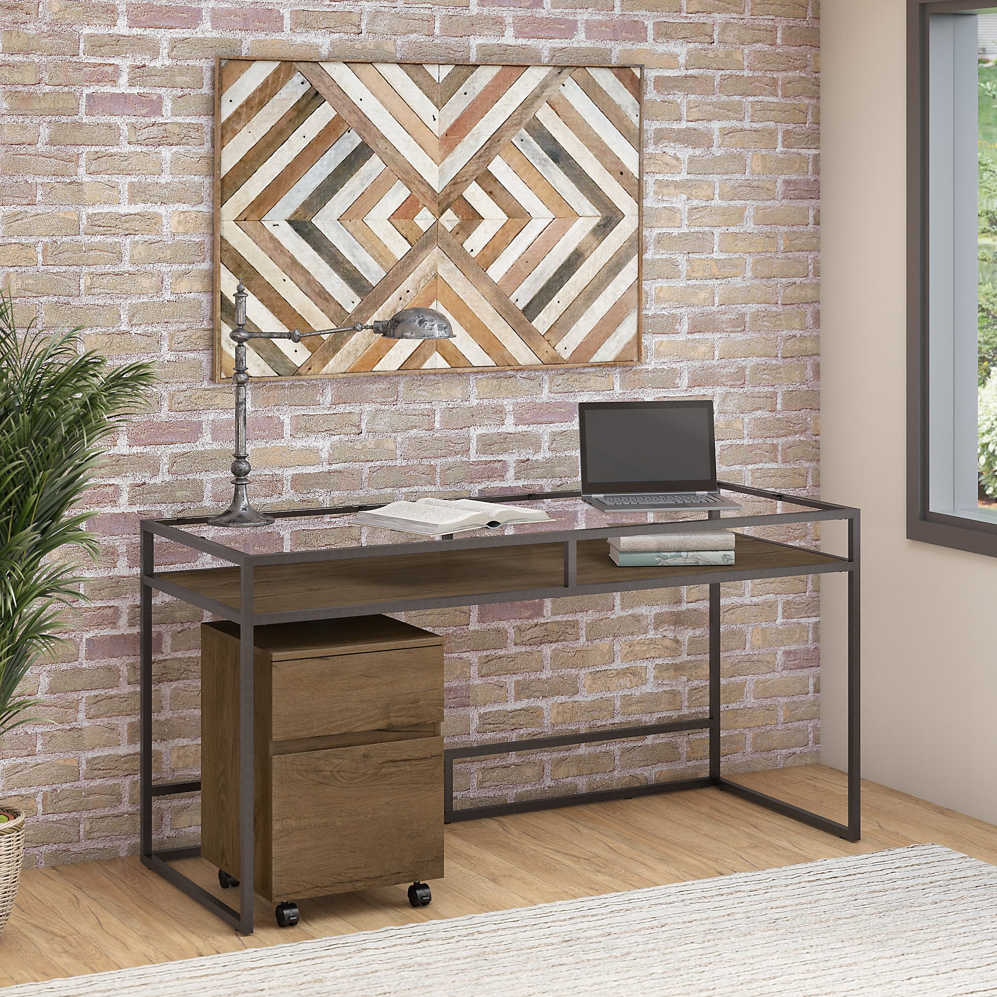 Bush Furniture Anthropology 60W Glass Top Writing Desk with 2 Drawer