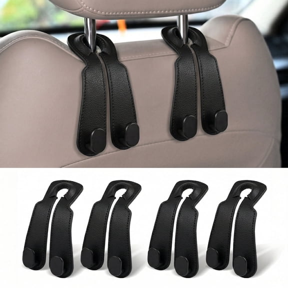 4-Pack Car Headrest Hooks, Double Hook Leather Car Seat Back Organizer for Purses, Bags, and Hangers, Black