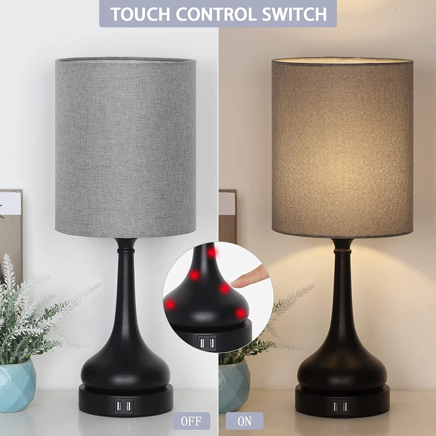 Touch Bedside Lamps with Dual USB Ports, Grey Fabric and Black Vase Base Lamps - Without Bulb