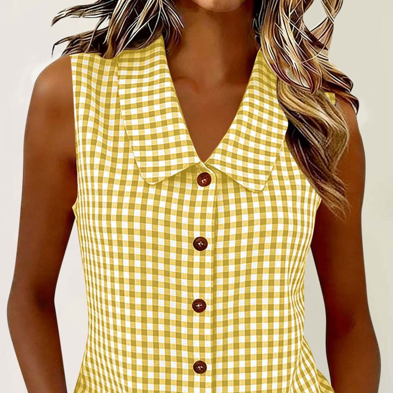 Ihhxva Women's Linen Tops Gingham Sleeveless Blouse Button Detail