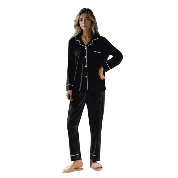 VNKIDY Women Autumn Winter Solid Color Pajama Set Long Sleeve Lapel Button Down Top Loose Fit Pants For Home Relaxing Soft Set
