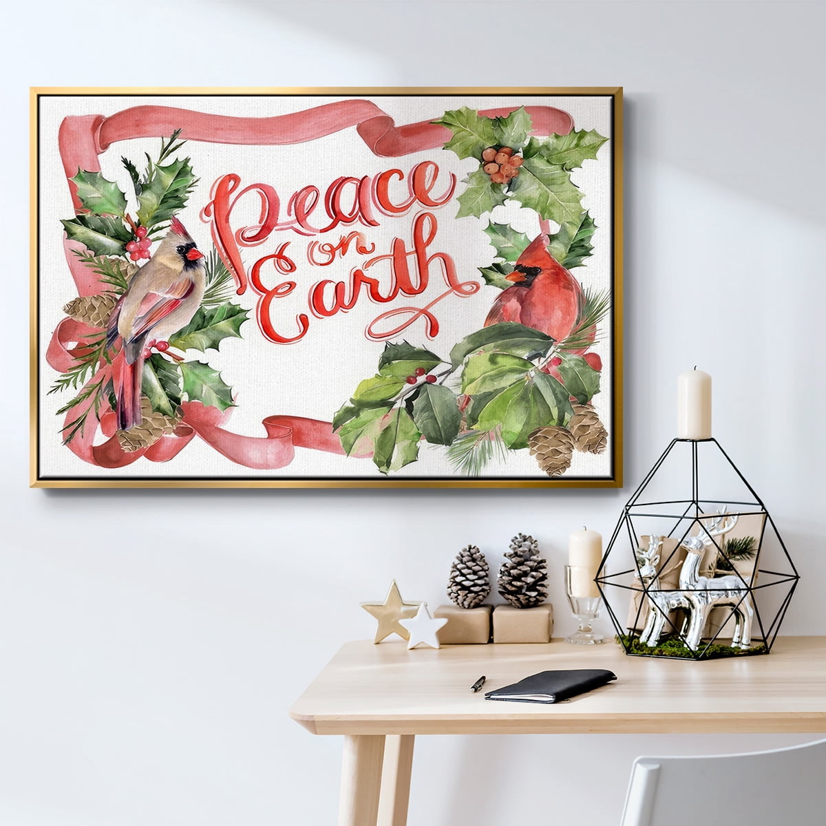 Cardinal Holly Christmas Collection A - Framed Gallery Wrapped Holiday Canvas - 17 x 25 - Gold Frame