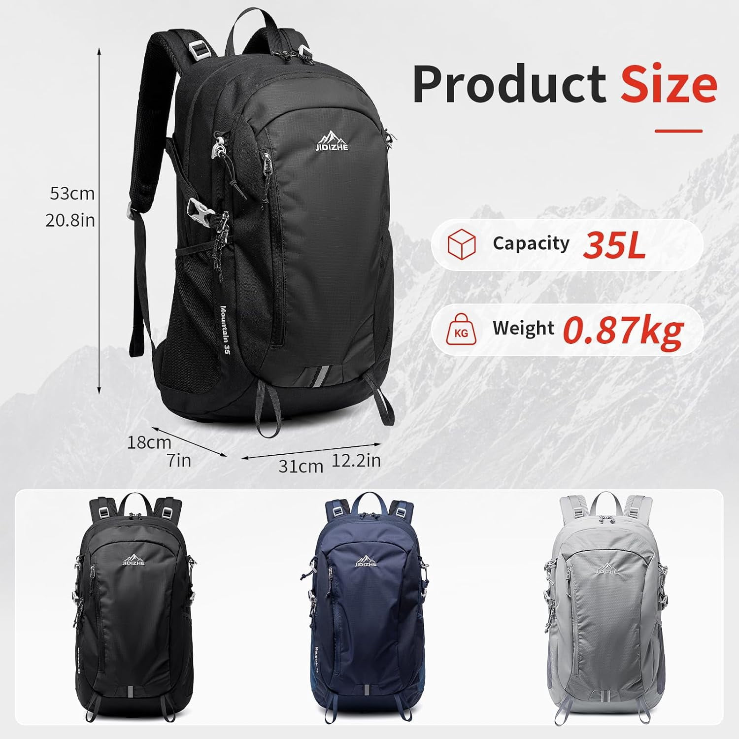 JIDIZHE 35L Hiking Backpack, Water Resistant Daypack with Rain Cover, Lightweight Design, Adjustable Chest Strap & Breathable Back Pad, Unisex for Hiking, Camping & Travel, Black