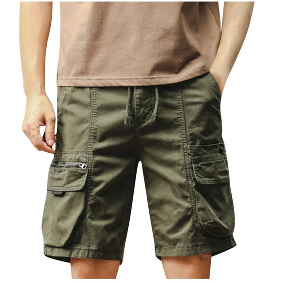 YLSDY Mens Classic-Fit Cargo Shorts for Hiking Climbing Cotton Elastic Waist Multi-Pocket Summer Workout Gym Camping Shorts Army Green M