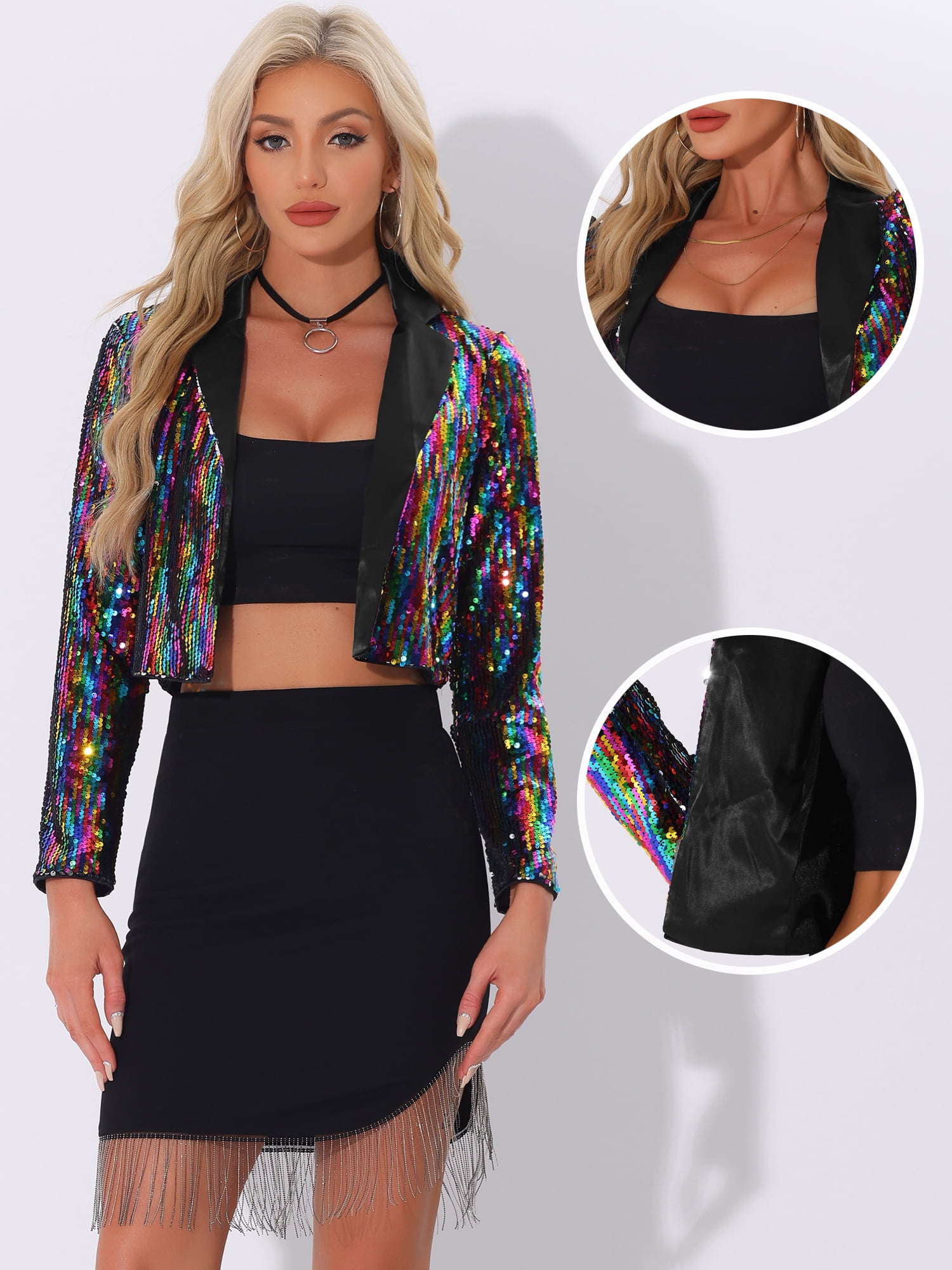 DARING DIVA Women's Lapel Collar Open Front Crop Sparkle Blazer Cardigan M Multicolor