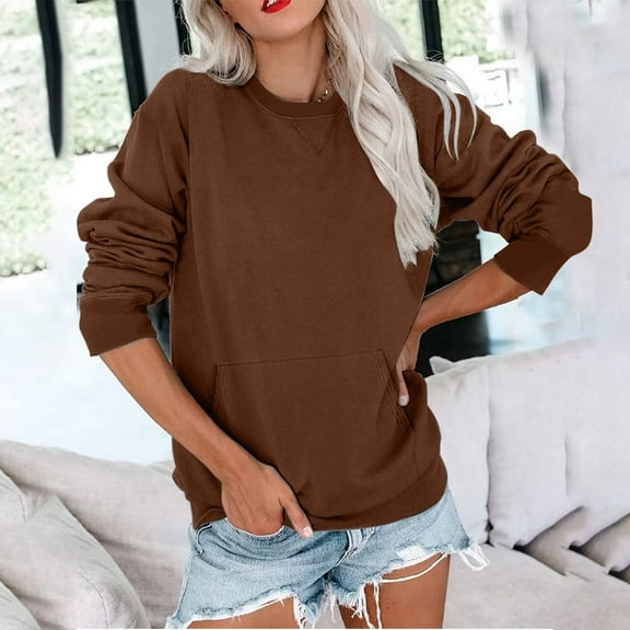 Uootdi Long Sleeve Shirts for Women Crew Neck Simple Solid Color Sweatshirts Casual Basic Fall Tops Loose Fit Gift Comfy