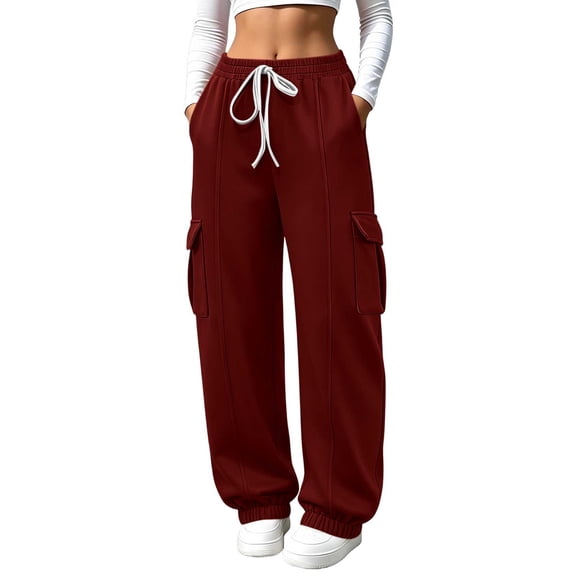 BRELIL Women's Cargo Pants Drawstring Loose Long Pants Casual Streetwear Lounge Activewear Travel Solid Baggy Trousers, Wine S