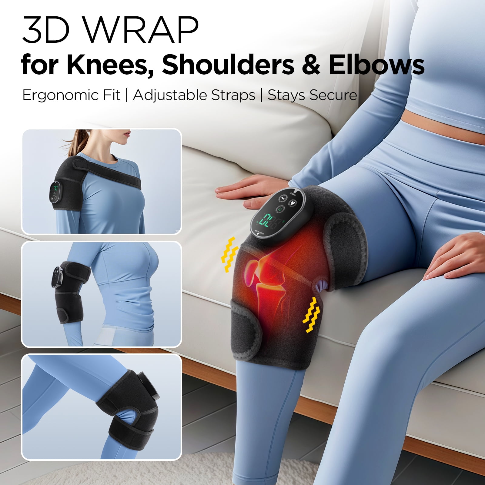 Flaremore 1PC Heated Knee Massager,Cordless Heated Knee Brace Wrap with Massager for Knee,Knee Shoulder Elbow 3-in-1 Heating Vibration Massager,6 Adjustable Heat and 3 Intensities, Black