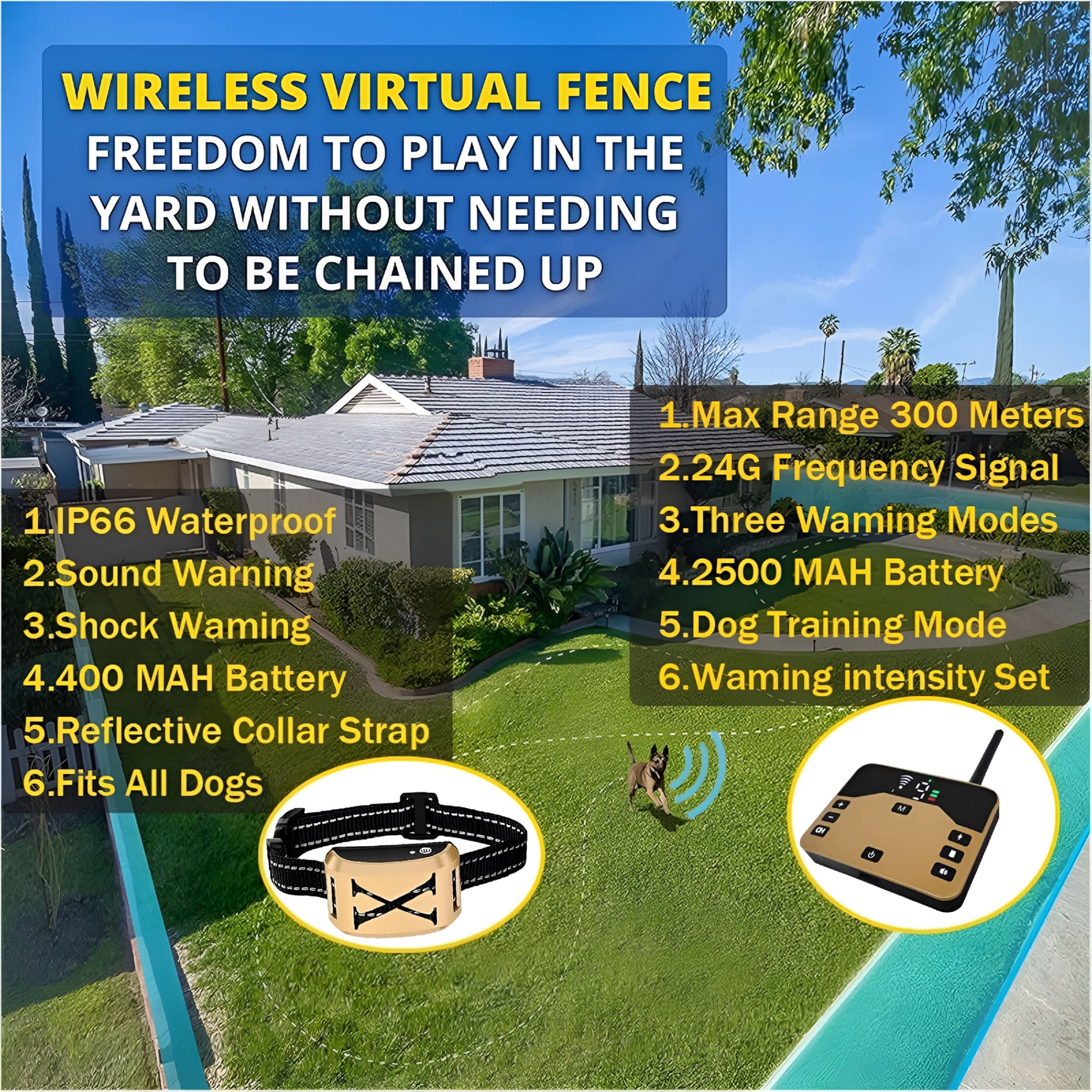GJX Wireless Dog Fence,2026 Electric Fence for 2 Dogs Shocks Training Collar Remote 2-in-1,Wireless Pet Containment System with Adjustable Vibration & Shock Training Collar for All Dogs