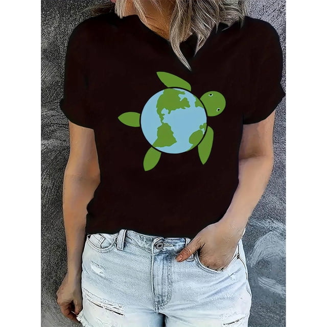 Camiseta de Mujer de Verano BásicaWomen's Casual T-Shirt | Earth Turtle Graphic Print | Round Neck, Short Sleeve | Polyester Blend | Machine Washable | All-Season Comfort Fit | Stylish & High-Qualit