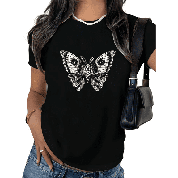 UNISHE Women's Skull Butterfly Graphic Short Sleeve T-Shirt Gothic Dark Art Cotton Crewneck Top