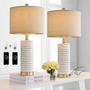 Oneach Modern Ceramic 24.5"" Table Lamp Set Of 2 For Living Room & Bedroom, Contemporary White Nightstands Bedside Lamps