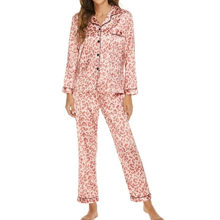 

UKAP Comfy Pajamas for Women 2-Piece Warm and Cozy Silk Pj Set of Loungewear Button Front Top Pants Set Nightwear Pink Leopard Print L