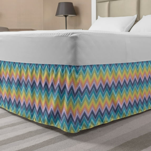 Abstract Bed Skirt, Chevron Layout in Colorful Pastel Tones Contemporary Horizontal Illustration, Elastic Bedskirt Dust Ruffle Wrap Around for Bedding Decor, 4 Sizes, Multicolor, by Ambesonne