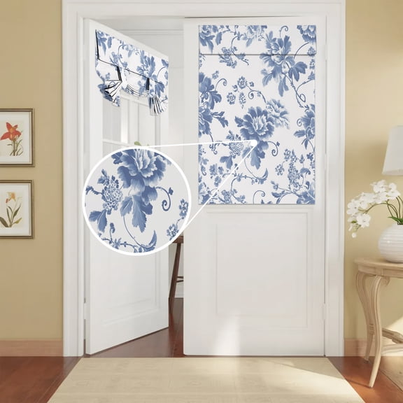 French Door Curtain Blue Peony Flower Front Door Curtain Thermal Insulated Shades Privacy Tie Up Window Curtains for Glass Floral Bloom Vines Curtains for French Doors Entry Back Kitchen 26x42 Inch
