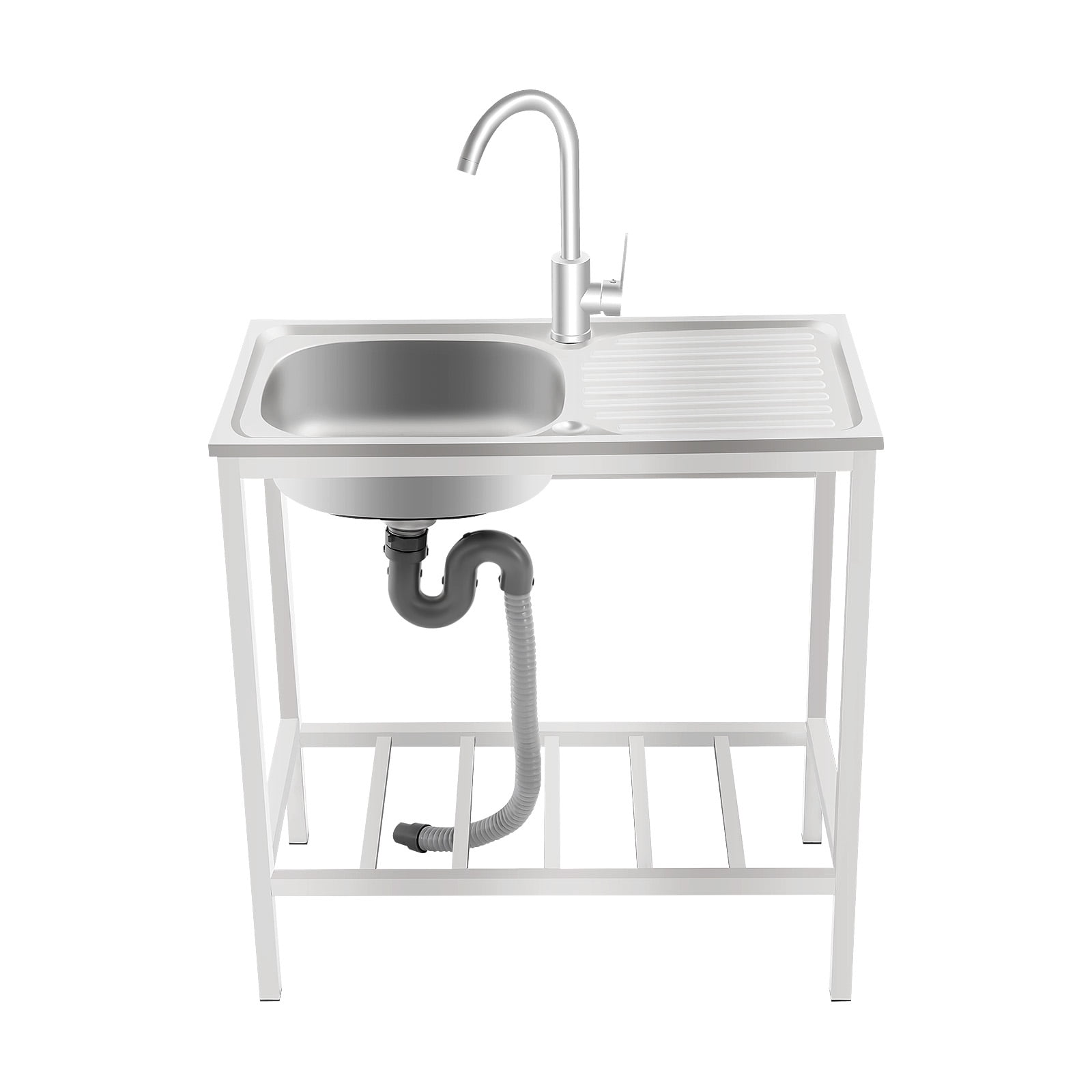 Kitchen Single Bowl Sink with 360° Rotatable Faucet, Catering Sink with Bottom Shelf, Utility Sink