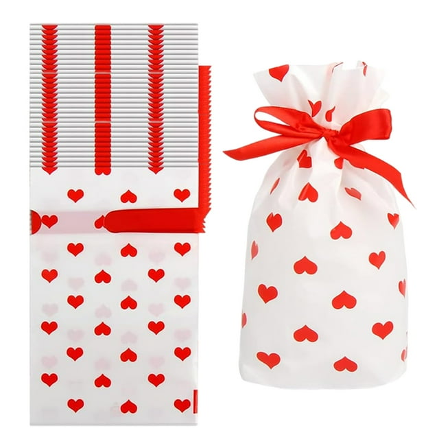 Pack Cadeau Sac Cadeau de Fête Sac Cadeau en Plastique avec Cordon Sac Cadeau Cœur Rouge Sac de Bonbons Sac Cadeau Sac de Rangement Alimentaire Emballage Cadeau
