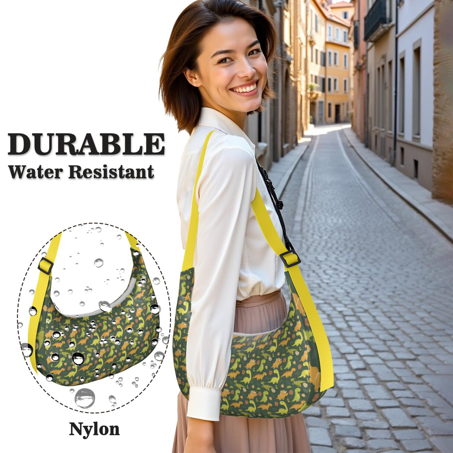 Nylon Crossbody Bag for Women – Adjustable & Lightweight, Artistic Dinosaur Illustration, Modern Minimalist Dinosaur Lover Style, Durable Purse
