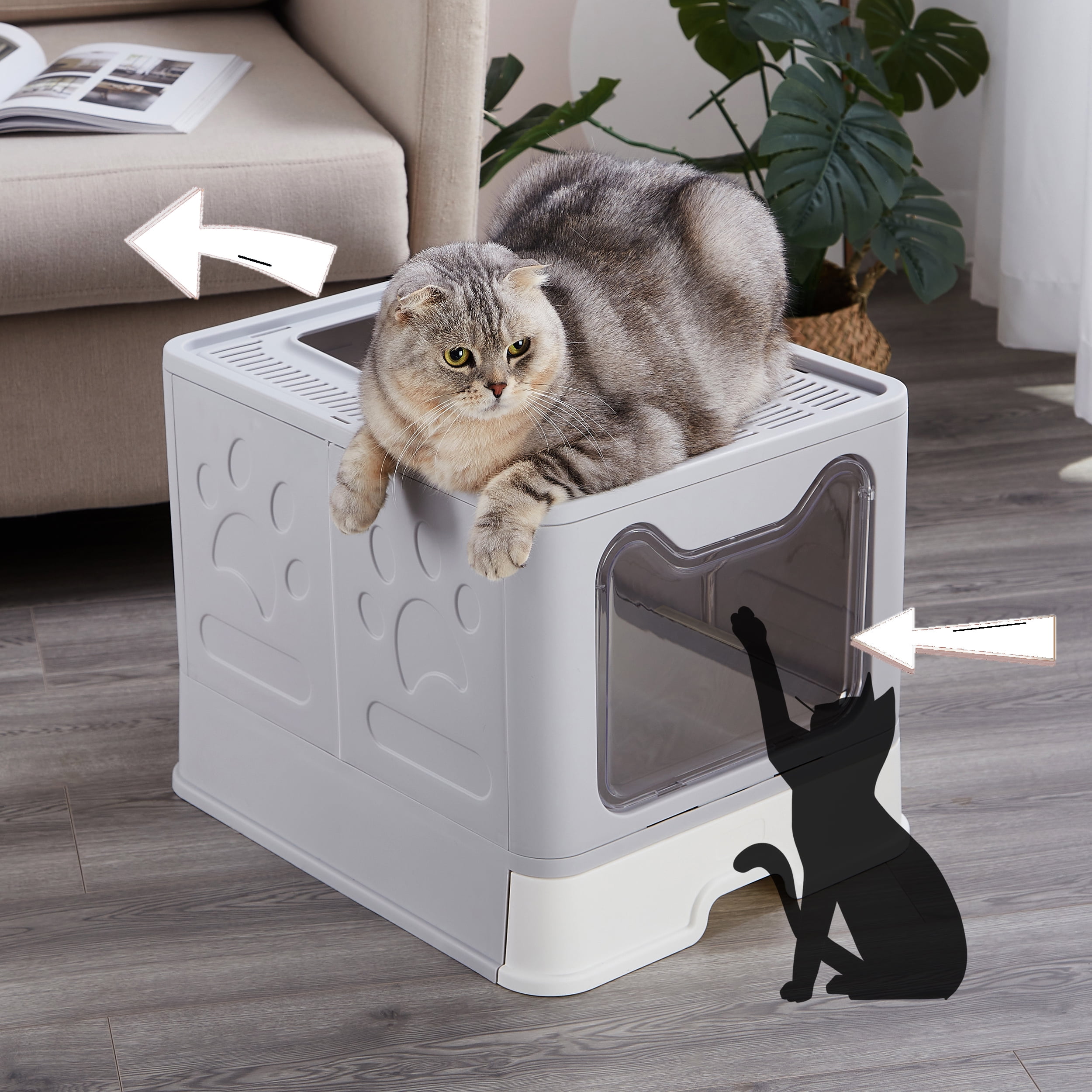 Suhaco Large Cat Litter Box with Lid Top Entry Foldable Cats Litter Toilet Include Litter Scoop Enclosed Kitty Litter Box with Drawer Tray Easy Clean (Black)