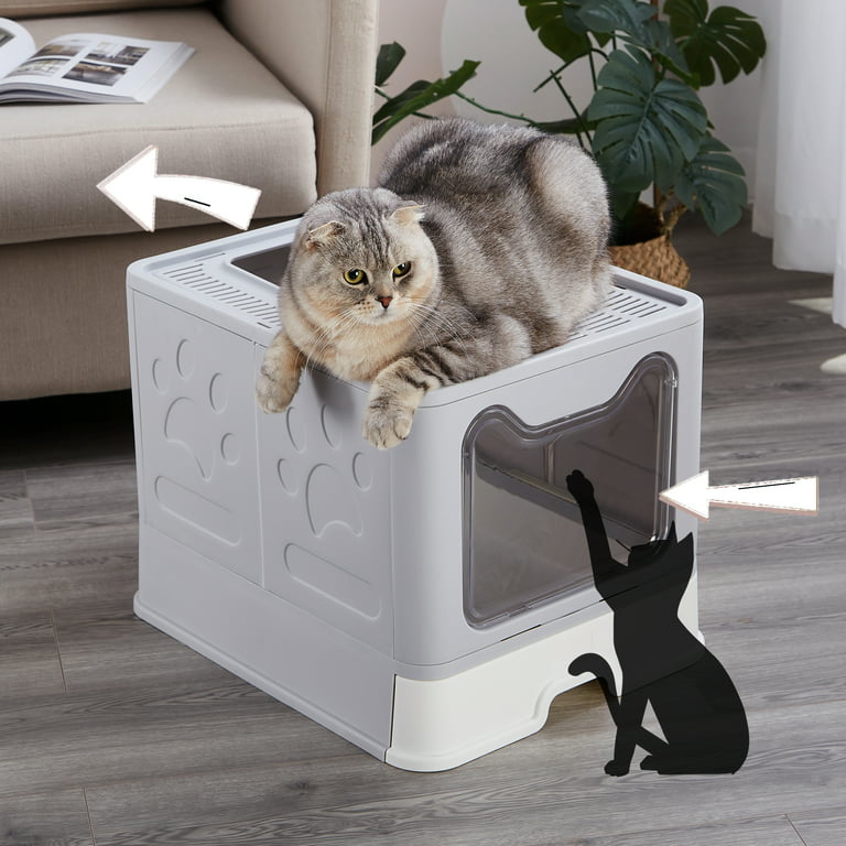 Suhaco Extra Large Cat Litter Box with Lid Top Entry Covered Foldable Kitty  Litter Box Include Litter Scoop Enclosed Kitten Litter Box with Drawer Tray  Easy to Clean, Grey 