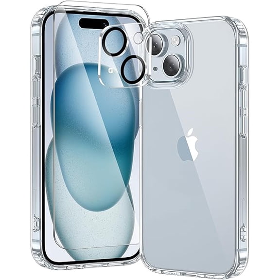 Eryueer 3 in 1 for iPhone 15 Plus Case Clear,[Yellowing-Resistant Acrylic Back] Screen Protector *1 & Camera Lens Protector*1, Shockproof for iPhone 15 Plus Phone Case 6.7 inch Clear