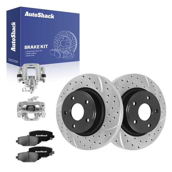 AutoShack Rear Solid Drilled & Slotted E-Coated Brake Rotors   Ceramic Pads   Calipers 8-PC Brake Kit Replacement for 2012 Ram C/V ShadowGuard 12.91" (328 mm)