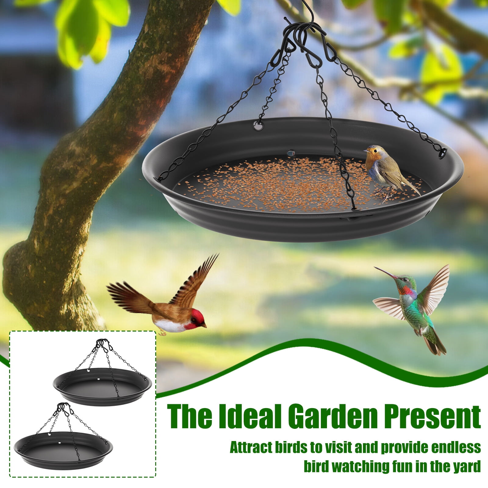 Austok 12.8" Home Garden Platform Bird Feeder Large Hanging Tray Squirrel Feeder Seed Catcher Tray Bird Viewing Backyard Large Capacity Dark Grey 2Pcs