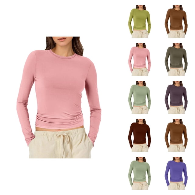 Chemises à Manches Longues pour Femmes 2026 Printemps Décontracté Y2k Court Col Rond Ajusté T-Shirt sous-Vêtement