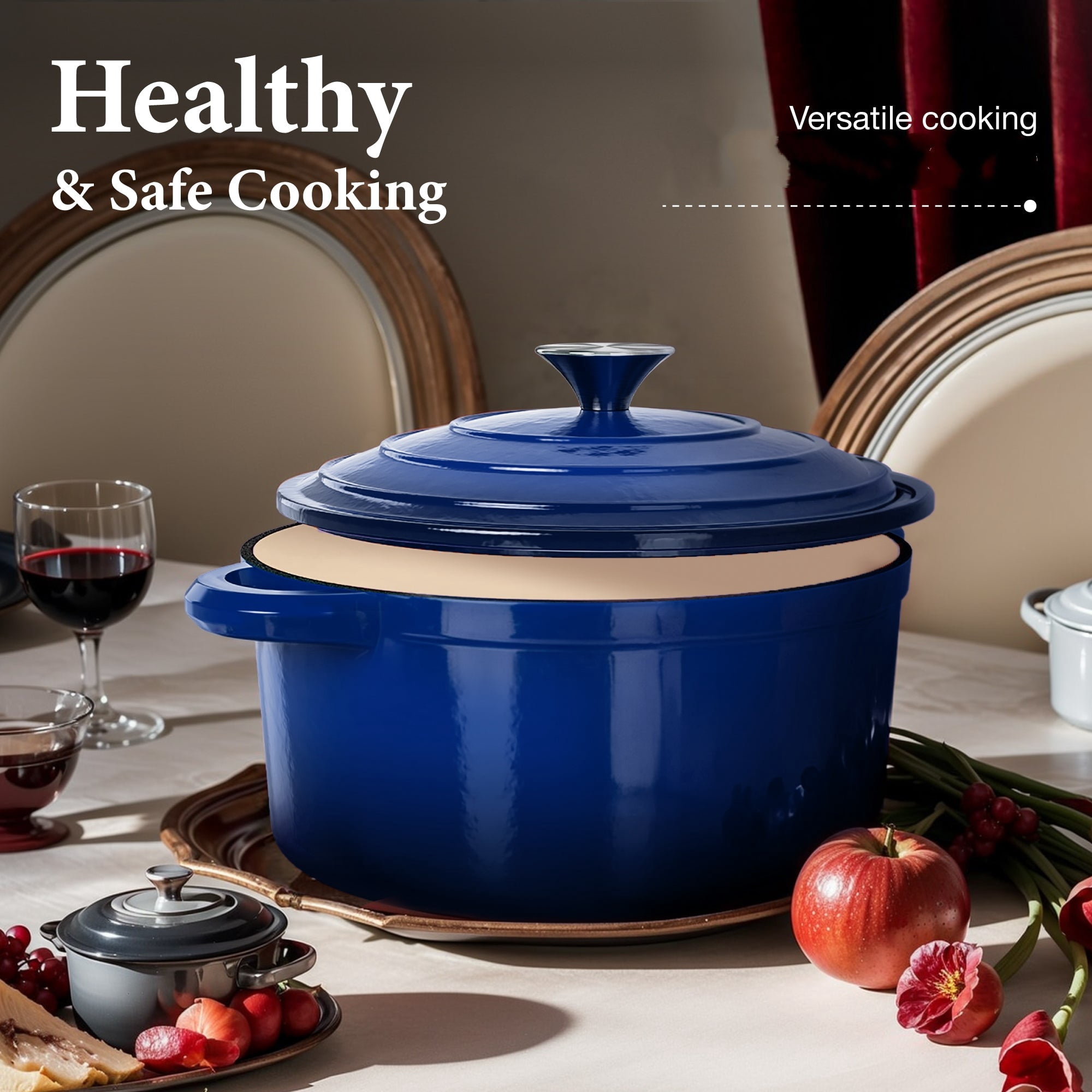 MF Studio 7-Piece Enameled Cast Iron Cookware Sets, Heavy Duty Ceramic Coated Pots and Pans Set, Blue Dutch Ovens Set