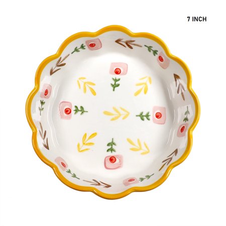 

7 Inch Hand Painted Flower Pattern Ceramic Bowl Wavy Edge
