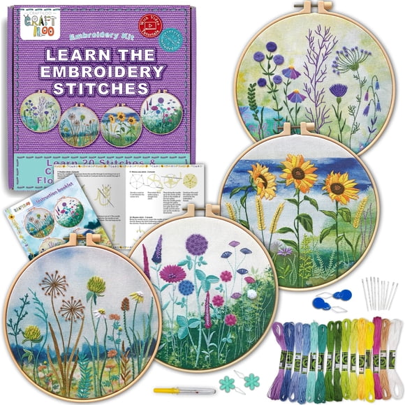 Kit de bordado CRAFTILOO para principiantes con 4 motivos florales