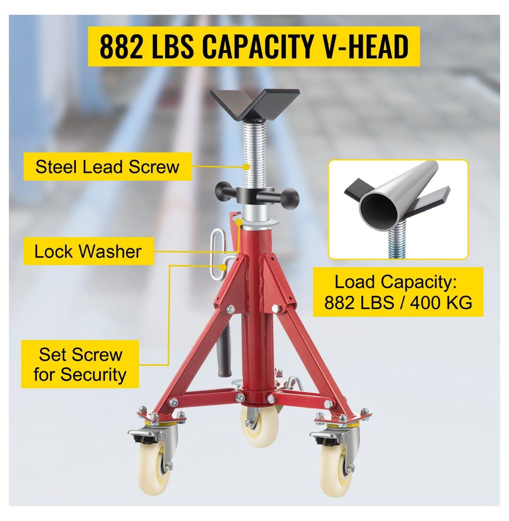 Pipe Jack Stand V Head Adjustable 20-37 Inch, 882 LBS Capacity, Folding Portable Steel Pipe Stands with Casters 1/8-12 Inch Pipe Support