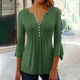thumbnail image 2 of Scyoekwg 3/4 Sleeve Tunic Tops for Women Button Flared Sleeve Pleated Tunic Tshirt Lightweight Solid Color Graphic Tee Casual 3/4 Sleeve Blouses (Army Green,L), 2 of 5