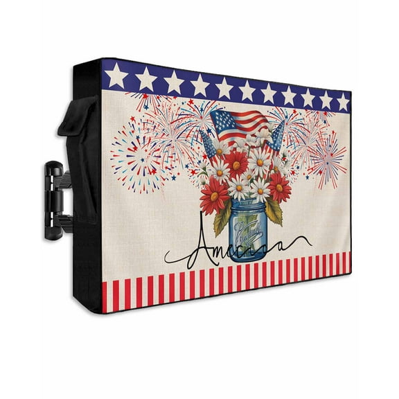 4th of July Outdoor TV Cover 52 to 55 Inch Weatherproof, Independence Day Floral Fireworks Rustic 600D Oxford TV Covers with Waterproof Zipper, Outside Flat TV Screen Protector Size 52"Wx19"Hx4.5"D