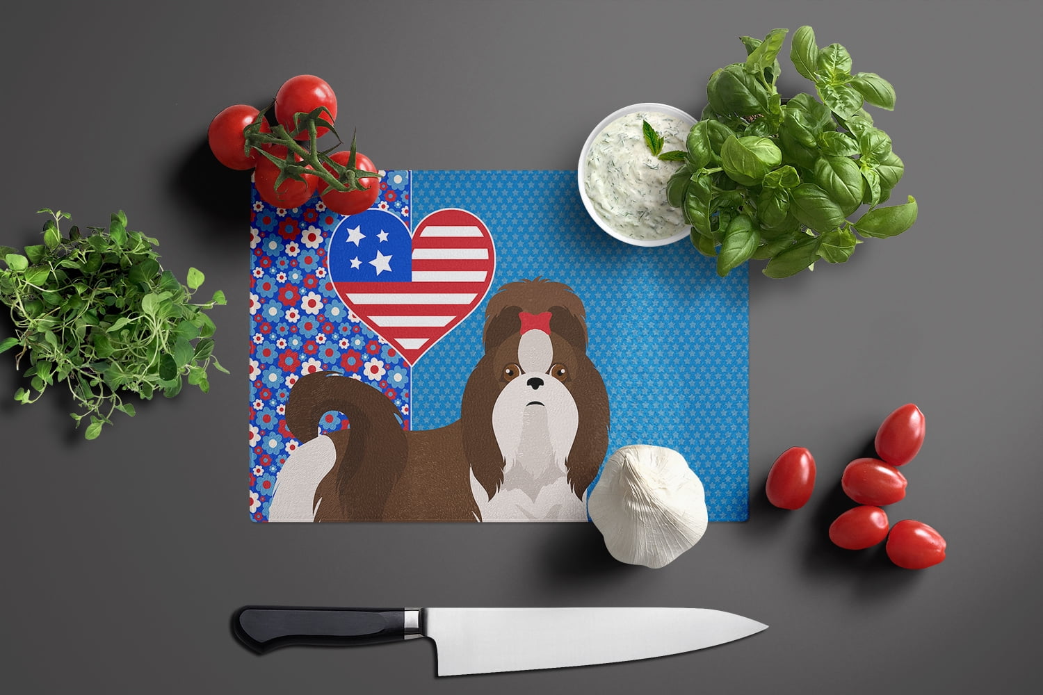 Liver and White Shih Tzu Glass Cutting Board Large 12 in x 15 in
