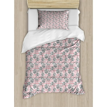 Dandelion Duvet Cover Set Twin Size, Scene of Floral Pattern with Grunge Brushstroke Style on Stripes, Decorative 2 Piece Bedding Set with 1 Pillow Sham, Rose Grey and Pale Grey, by Ambesonne