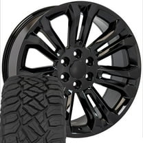 OE Wheels CV43B 22 Inch Rims and Tires Fit Silverado 1500 Style 6x139.7 22x9 Gloss Black - Hollander 5666 - TerraMax RT 285/45-22 (Set of 4)