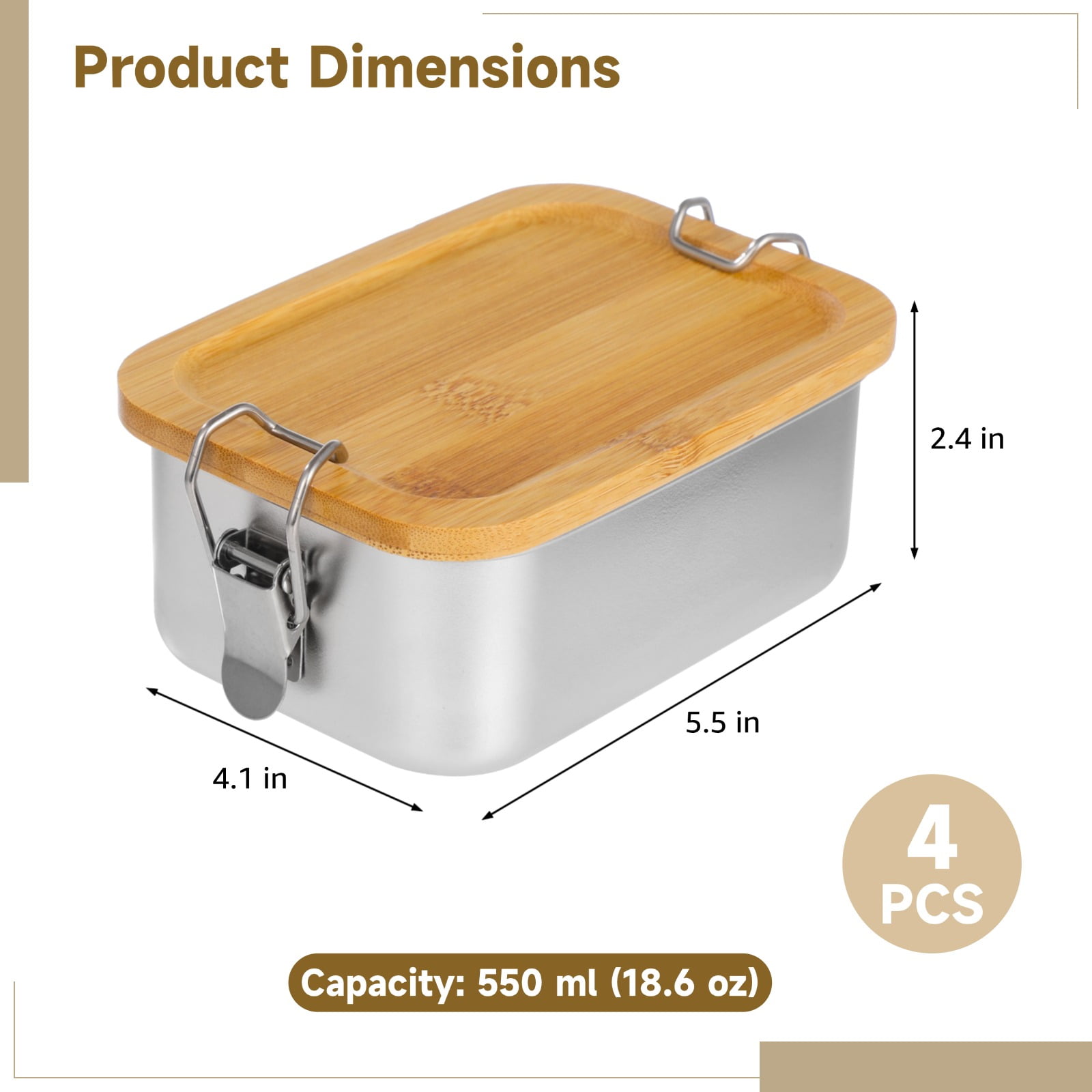 4 Pack 18.6oz Bento Box set with Wooden Lid - Stainless Steel Bento Boxes | Leak-Proof Metal Lunch Containers with Secure Buckles, Reusable for Picnics, Work & Meal Prep