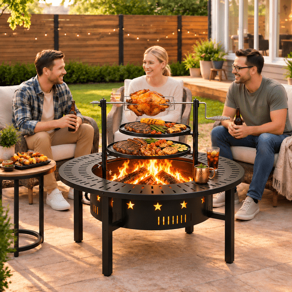 Outdoor Fire Pit with Grills, 33โโ Round Wood Burning Firepit BBQ Grill Combo, Heavy Duty Patio Fire pit Table with Rotating Grill Fork for Backyard, Deck, Camping & Picnic,