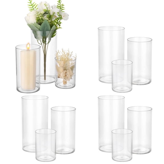12 Pcs Plastic Cylinder Vases Set, 4''/6''/8'' Tall Clear Flower Vases, Versatile Hurricane Candle Holder for Wedding Centerpieces, Party Table Home Decorations