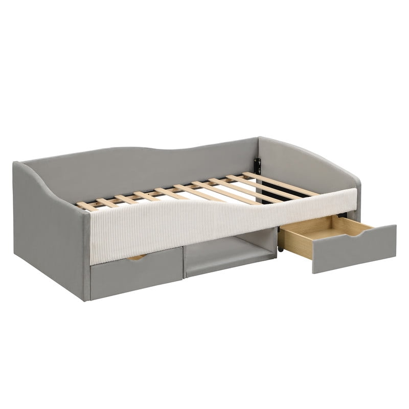 Twin Size Upholstered Daybed Frame, Low-Profile Storage Platform Bed with 2 Drawers and Open Compartment, Two-Tone Accent Kids Bed