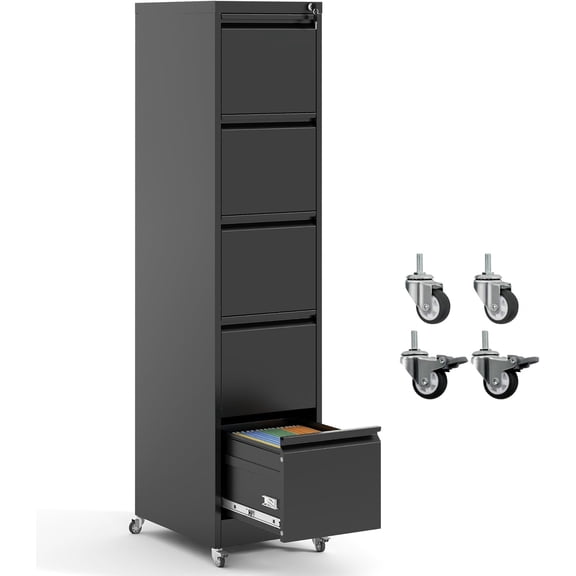 5 Drawer Locking File Cabinet with Wheels,Metal Mobile Filing Cabinets,Black Vertical File Cabinet for Home Office,Heavy Duty Storage Cabinet for A4/Letter/Legal Size File,Assembly Required