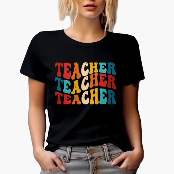 Teacher, School Teaching Profession or Job Themed, Groovy Retro Wavy Text Merch Gift, Black T-Shirt, Small